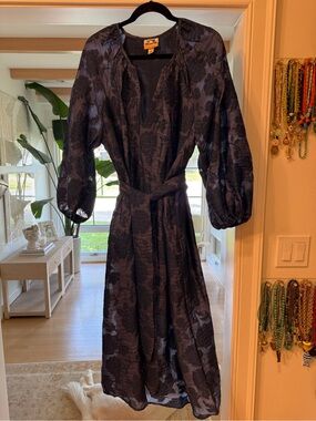 Textured Navy Floral Midi Dress with Tie Waist Future Collective w Jenni Lopez